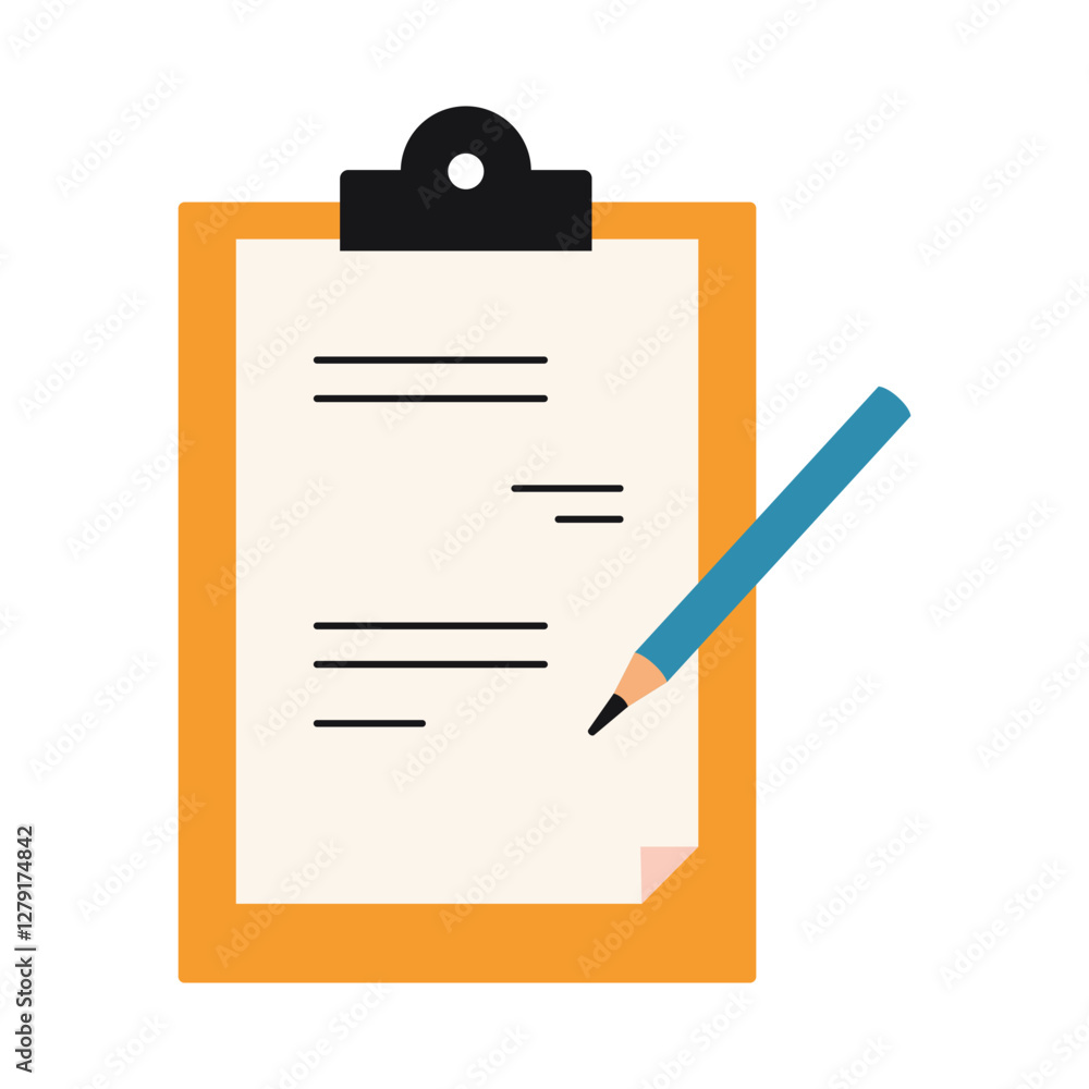 Clipboard with document and pencil, perfect for to do lists or note taking. Tablet with a sheet of paper attached. Vector illustration isolated on white background, flat design Clipboard with document and pencil, perfect for to do lists or note taking. Tablet with a sheet of paper attached. Vector illustration isolated on white background, flat design