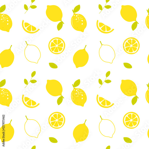 Lemon seamless pattern with whole lemons, half, slice, leaves branch. Summer fruit vector seamless pattern. Perfect for background, kitchen textile, fabric, packaging, wrapping paper and so on