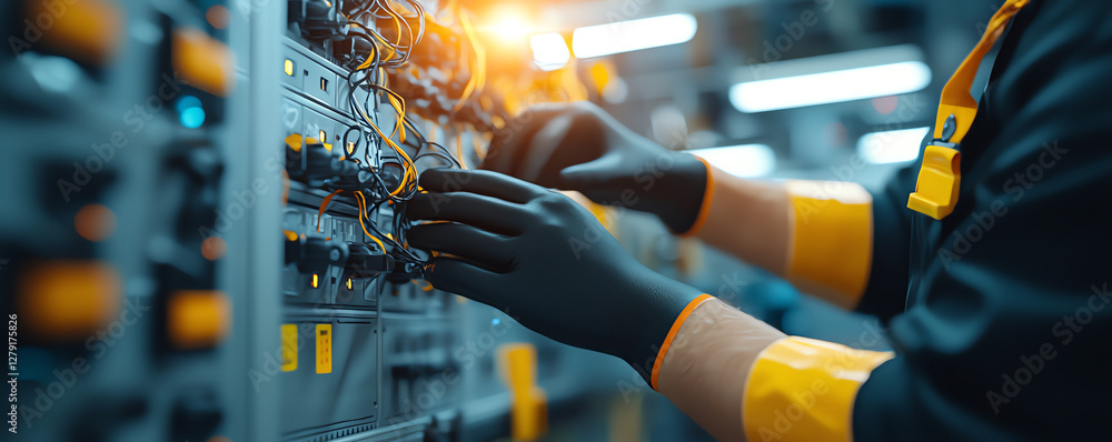 technician wearing black nitrile gloves works electrical equipment, focusing wiring and connections modern industrial setting. environment is well lit and organized, showcasing precision and