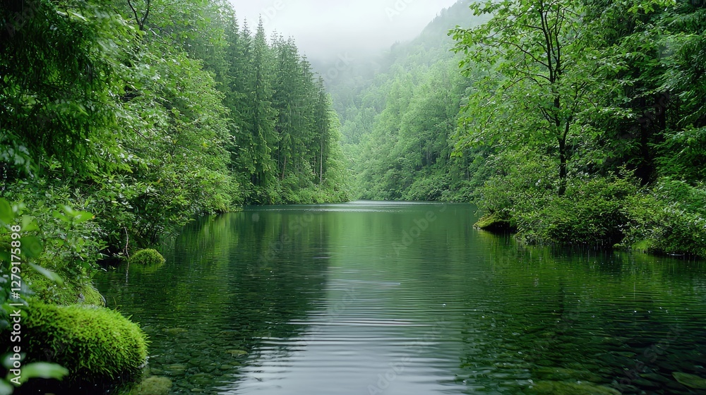 Fototapeta premium Misty forest lake reflecting lush greenery
