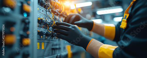 Obraz na płótnie technician wearing black nitrile gloves works electrical equipment, focusing wiring and connections modern industrial setting. environment is well lit and organized, showcasing precision and w salonie