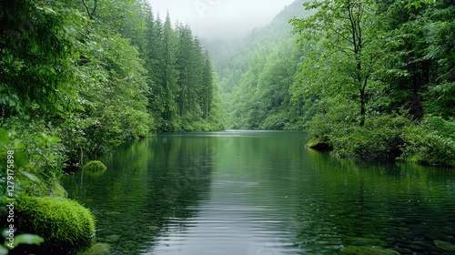 Misty forest lake reflecting lush greenery