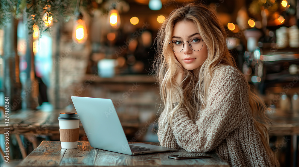 Focused freelancer working in rustic café with laptop Focused freelancer working in rustic café with laptop