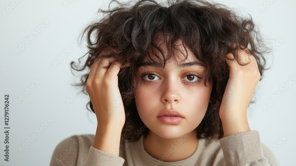 Young Woman With Curly Brown Hair Gently Touches Her Head Young Woman With Curly Brown Hair Gently Touches Her Head