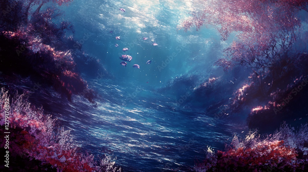 Underwater scene with coral reef, fish, and sunlight. Underwater scene with coral reef, fish, and sunlight.