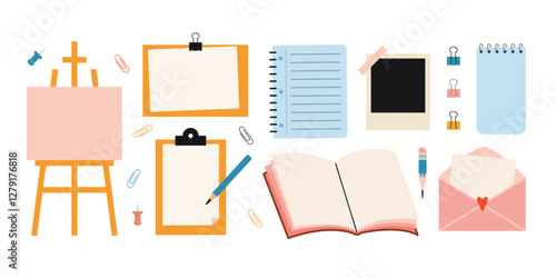 Set of stationery items with empty space for text, including easel, clipboard, notebook, photo frame, notepad, book, envelope and pencil. Modern vector illustration isolated on white, hand drawn, flat