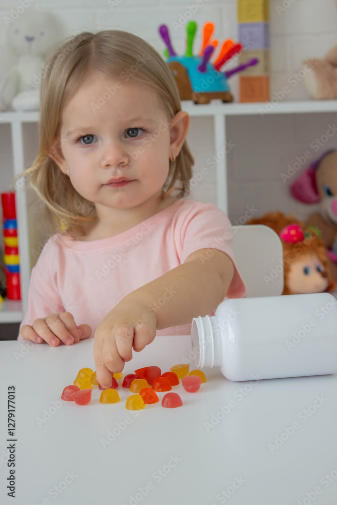 Little girl eating jelly candies or vitamins. Kid. Little girl eating jelly candies or vitamins. Kid.