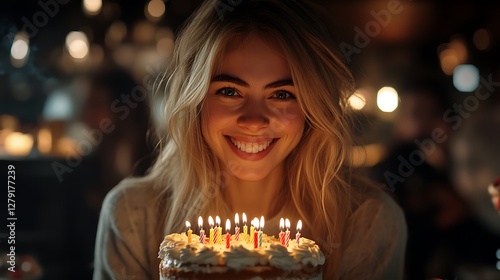 Woman blows birthday candles, night party