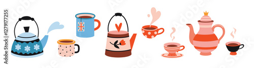 Set of cute teapots and cups. Tea time and cozy home decor concept. Trendy modern vector illustration isolated on white background, hand drawn, flat design