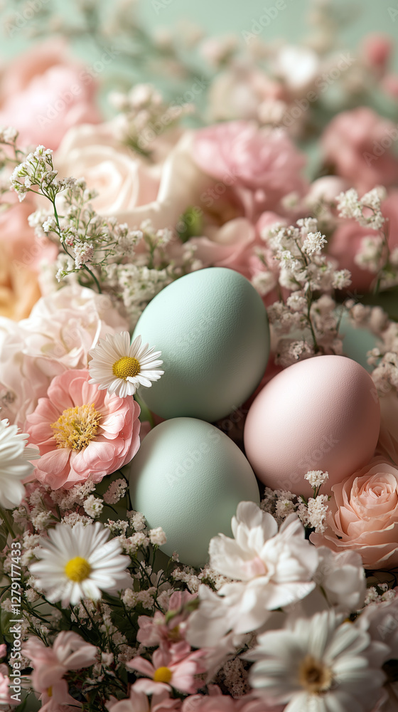 Fototapeta premium Pastel Easter Eggs Nestled Among Pink Carnations Daisies and Baby's Breath Flowers