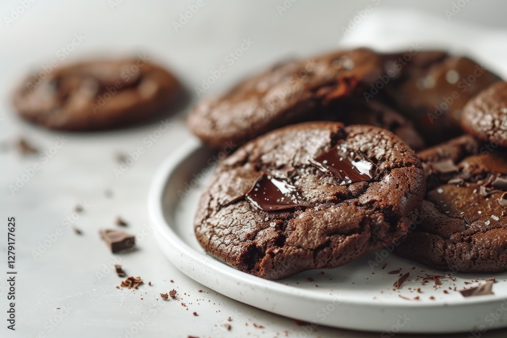 Chocolate cookies on white plate, bright lighting. Neural network AI generated Chocolate cookies on white plate, bright lighting. Neural network AI generated