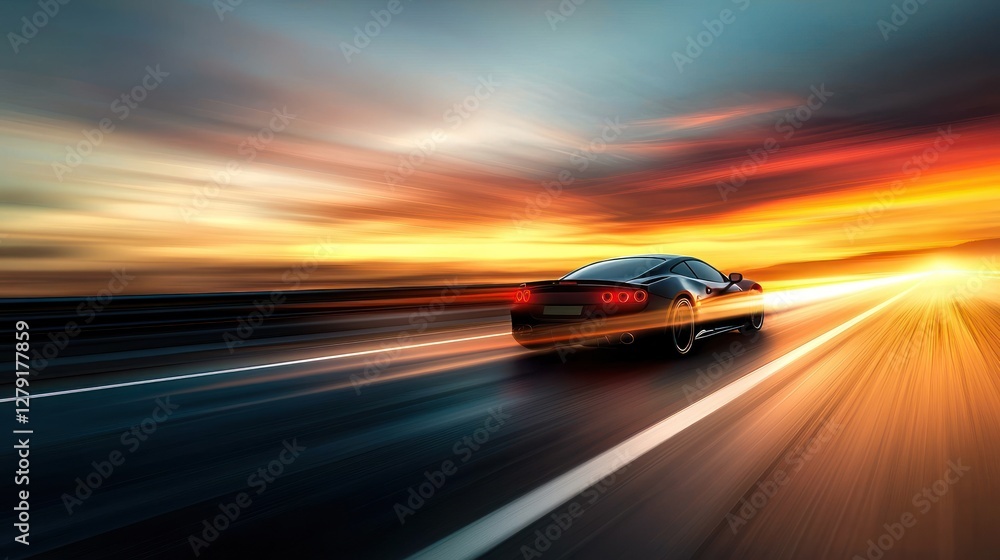 Fototapeta premium Sunset Drive: A Fast Car speeding on a Highway at Sunset