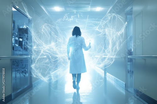 A scientist walks down a hospital corridor, surrounded by a futuristic, glowing energy field.