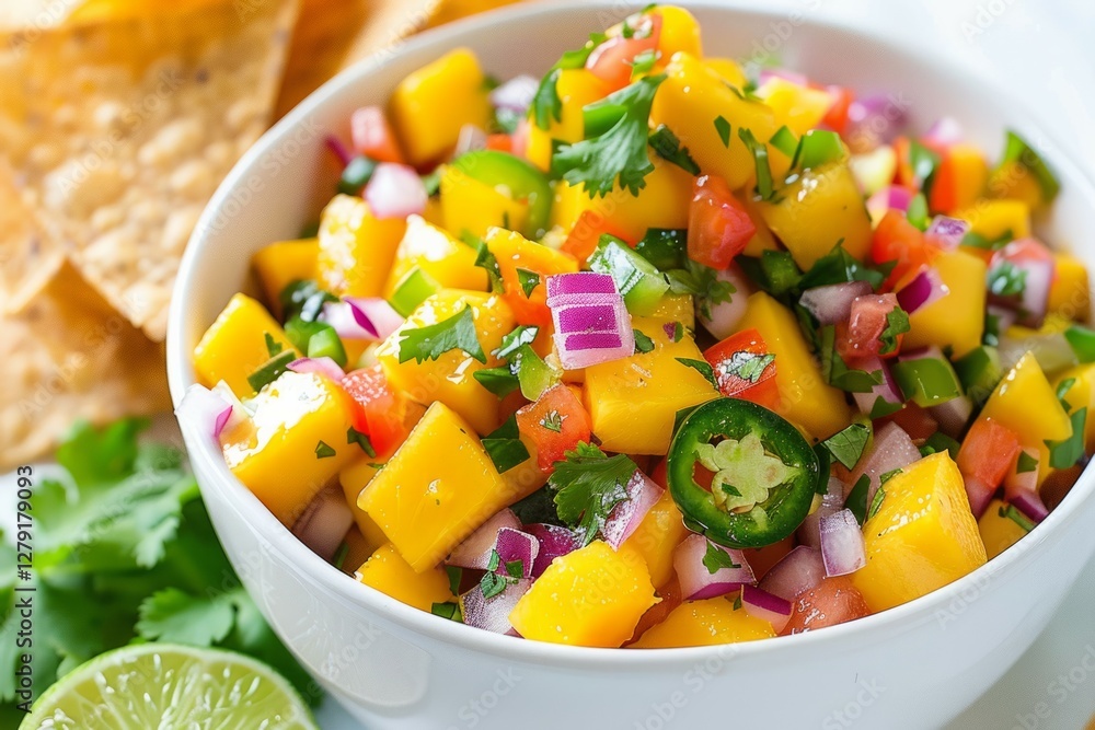 Vibrant mango salsa in white bowl with chips. Neural network AI generated Vibrant mango salsa in white bowl with chips. Neural network AI generated