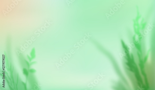 Green Spring Background with Gradient and Blurred Plant Leaves. Abstract Vector Nature Illustration. Soft Grass and Flower Shadows