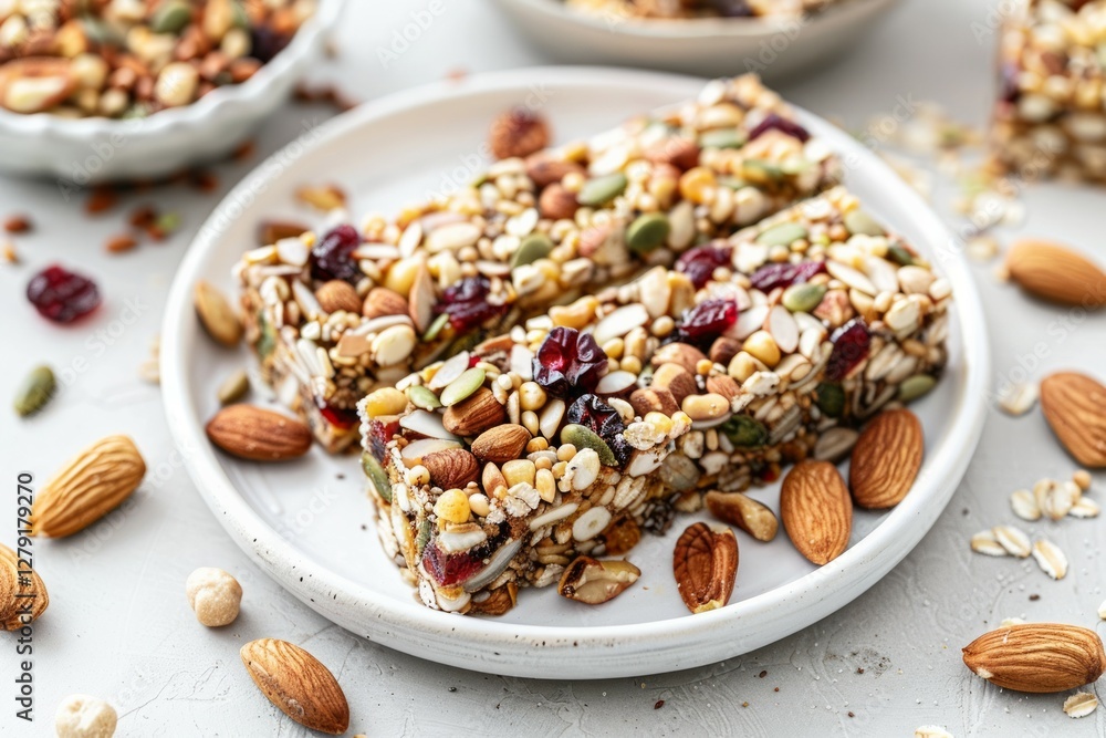 Granola bars on gray plate with nut and seed toppings. Neural network AI generated Granola bars on gray plate with nut and seed toppings. Neural network AI generated