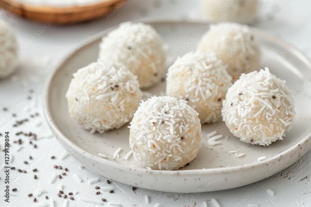 Coconut bliss balls on white plate, soft natural lighting. Neural network AI generated Coconut bliss balls on white plate, soft natural lighting. Neural network AI generated