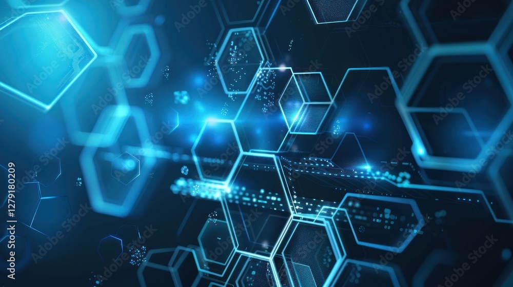 Abstract digital network, glowing hexagons, data flow, tech background, website banner Abstract digital network, glowing hexagons, data flow, tech background, website banner