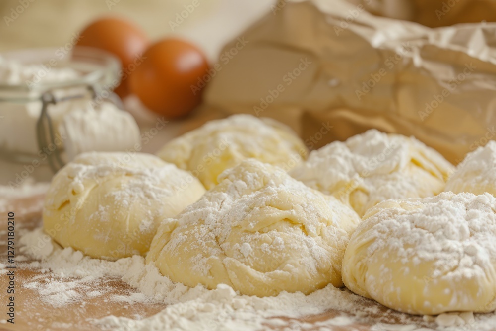 Freshly baked powdered buns on wooden board. Neural network AI generated Freshly baked powdered buns on wooden board. Neural network AI generated