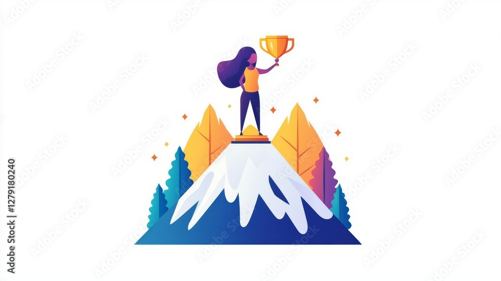 Fototapeta premium A woman celebrates victory on a mountain peak, holding a trophy and embracing her success.