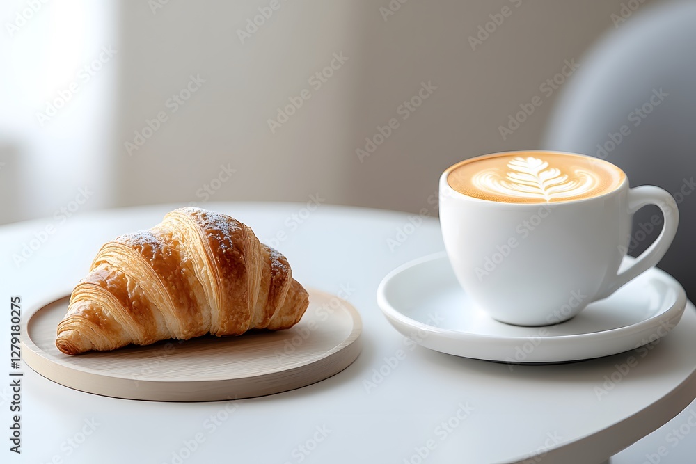 Mug mockup: An inviting scene of a freshly baked croissant, dusted with a hint of powdered sugar, alongside a meticulously crafted latte. Mug mockup: An inviting scene of a freshly baked croissant, dusted with a hint of powdered sugar, alongside a meticulously crafted latte.
