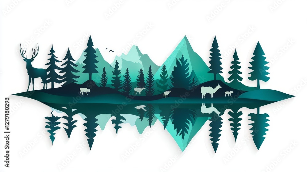 Fototapeta premium Tranquil forest scene showcasing mountains, trees, and wildlife in vibrant colors.