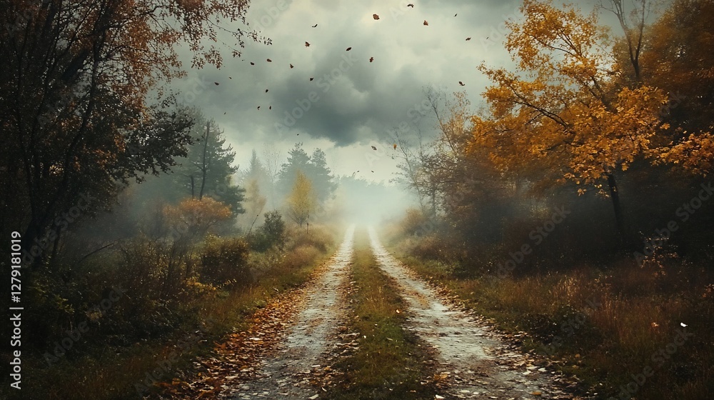 Fototapeta premium Misty autumn road through forest.