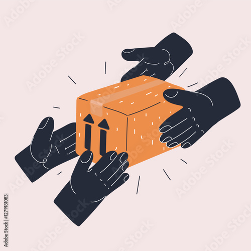Vector illustration of a package being passed between hands, representing collaboration, delivery, and the exchange of responsibility.