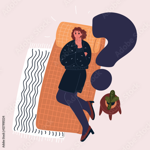 Vector illustration of a woman floating with a question mark, symbolizing deep reflection, curiosity, and the quest for understanding.