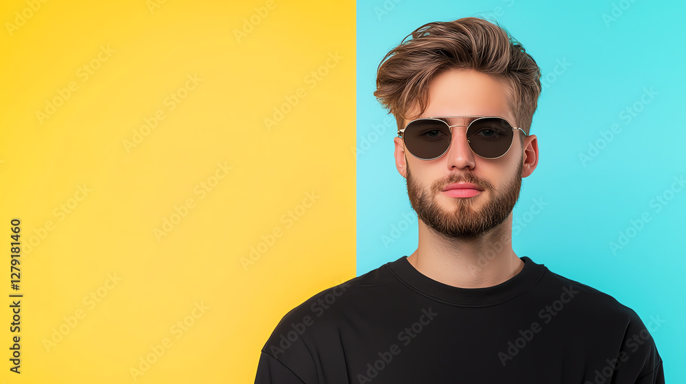 Fototapeta premium Stylish man wearing sunglasses on vibrant background, showcasing modern fashion. contrast of colors adds lively touch to image