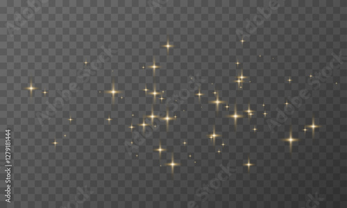 Golden sparkles, twinkling stars, gold glitter effect. Magic dust vector overlay