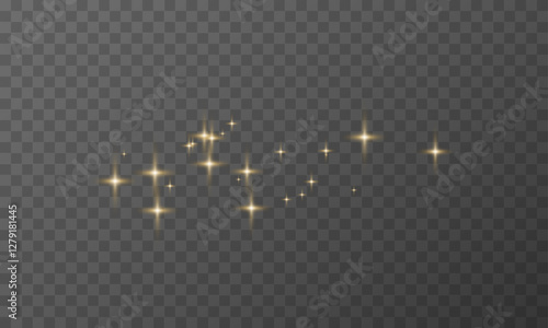 Golden sparkles, twinkling stars, gold glitter effect. Magic dust vector overlay