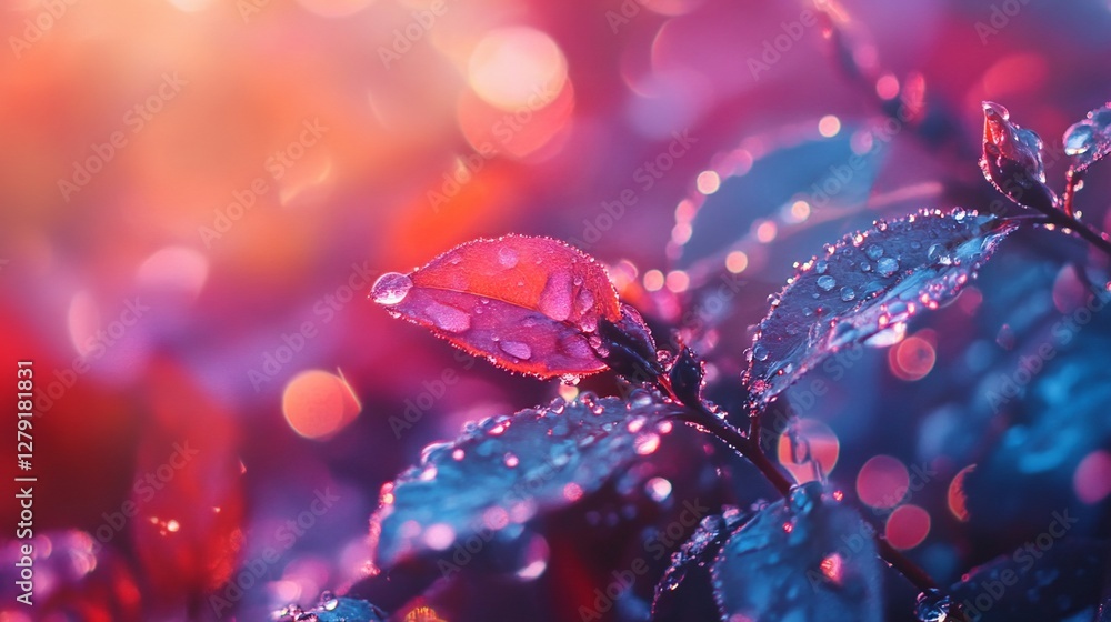 Fototapeta premium Dew drops on vibrant autumn leaves at sunset.