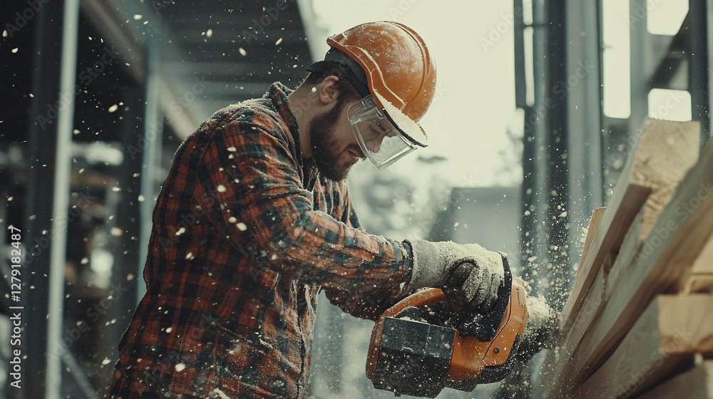 A carpenter uses a chainsaw to cut through wooden planks A carpenter uses a chainsaw to cut through wooden planks