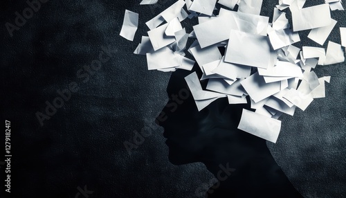 Artistic depiction of overwhelming thoughts, silhouette with scattered paper, symbolizing creative block, decision fatigue, and mental clutter photo