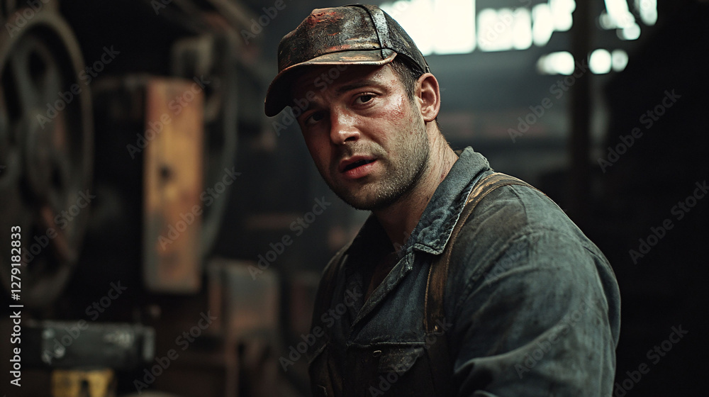 A tired man with a dirty cap is working on a machine A tired man with a dirty cap is working on a machine