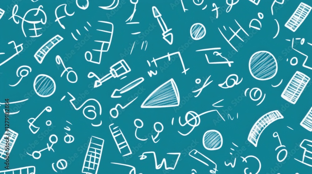 Teal background with white hand drawn shapes and symbols, creating a playful, educational, and abstract pattern. Perfect for back to school or Teal background with white hand drawn shapes and symbols, creating a playful, educational, and abstract pattern. Perfect for back to school or