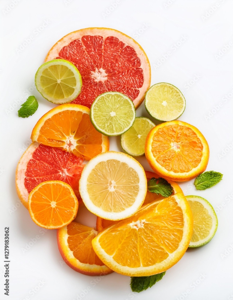 Fototapeta premium Freshly Cut Citrus Fruits Isolated on White Background for Vitamin-Rich Diet