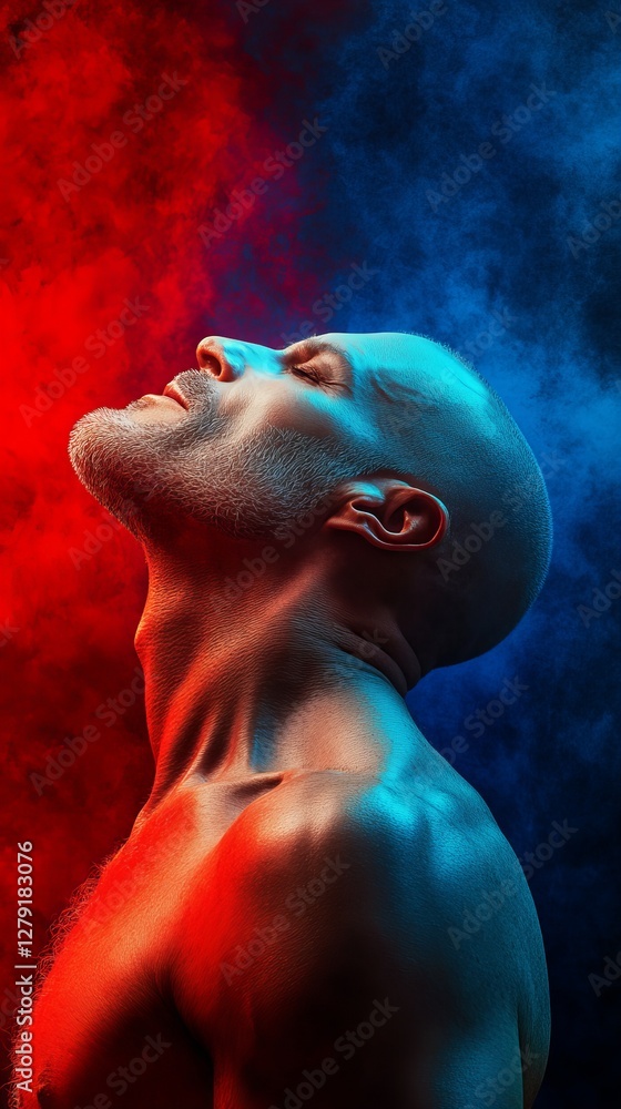 Bald man with head tilted back, illuminated by red and blue light, creating a dramatic effect. Bald man with head tilted back, illuminated by red and blue light, creating a dramatic effect.