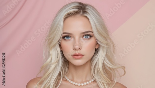 A young woman with flowing blonde hair poses gracefully, showcasing striking blue eyes and a gentle expression