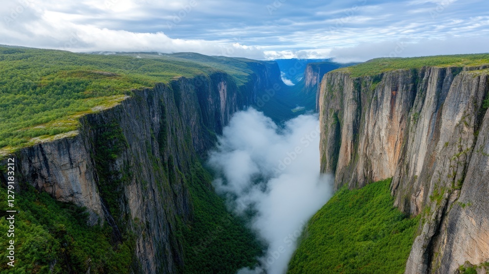 Aerial view of a lush green valley with steep, rocky walls, partially shrouded in white clouds and mist under a partly cloudy sky. The valley's depth Aerial view of a lush green valley with steep, rocky walls, partially shrouded in white clouds and mist under a partly cloudy sky. The valley's depth
