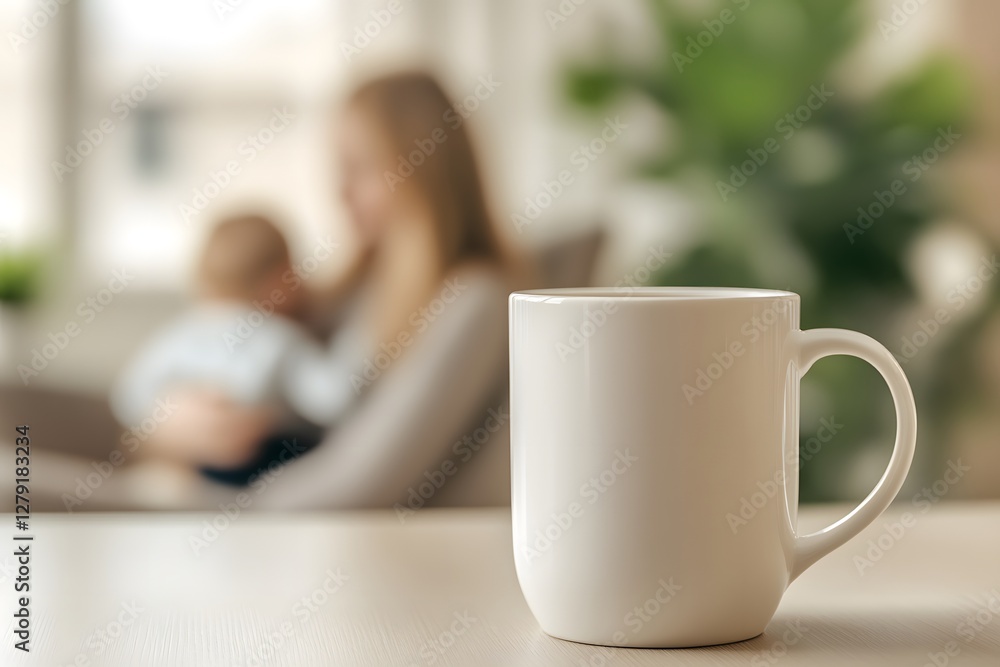 Mug Mockup: A tranquil scene unfolds as a pristine mug takes center stage, set on a wooden surface, with the soft background subtly revealing a mother lovingly cradling her child. Mug Mockup: A tranquil scene unfolds as a pristine mug takes center stage, set on a wooden surface, with the soft background subtly revealing a mother lovingly cradling her child.