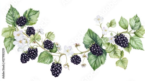 Blackberry branch, blossoms, leaves, white background, food design