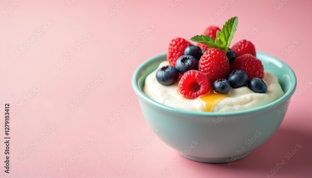 Creamy yogurt bowl with fresh raspberries and blueberries, honey drops against bright pink background. Healthy breakfast with seasonal berries and mint. Copy space for text, logo or product demo. Creamy yogurt bowl with fresh raspberries and blueberries, honey drops against bright pink background. Healthy breakfast with seasonal berries and mint. Copy space for text, logo or product demo.