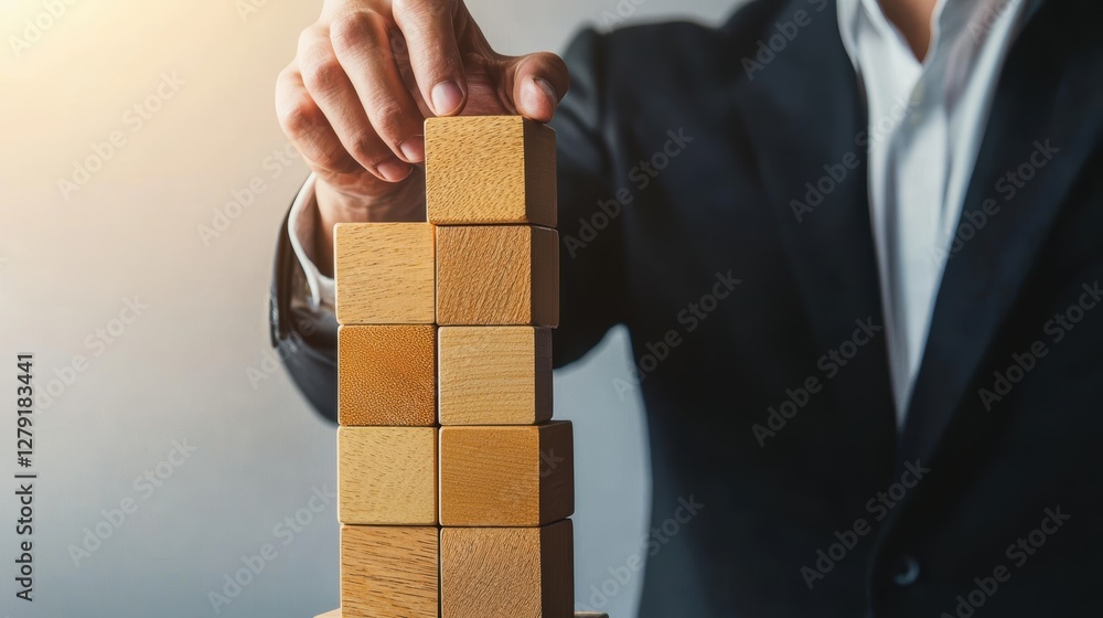 Business leadership and career development, businessman creating a structured team with stacked wooden blocks symbolizing strong organization Business leadership and career development, businessman creating a structured team with stacked wooden blocks symbolizing strong organization