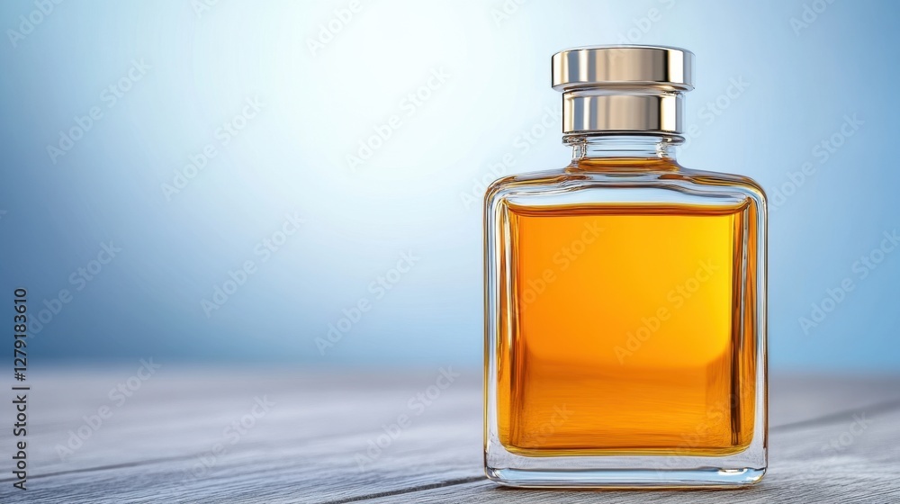 Amber colored perfume in a clear glass bottle with a silver cap sits on a light gray wooden surface against a light blue background Amber colored perfume in a clear glass bottle with a silver cap sits on a light gray wooden surface against a light blue background