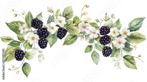 Watercolor blackberry and flower garland photo