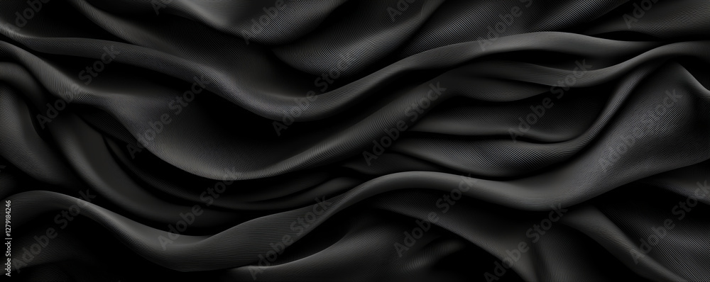 Luxurious black fabric texture with smooth, flowing waves and elegant drapes. rich, dark color adds depth and sophistication, perfect for various design applications Luxurious black fabric texture with smooth, flowing waves and elegant drapes. rich, dark color adds depth and sophistication, perfect for various design applications