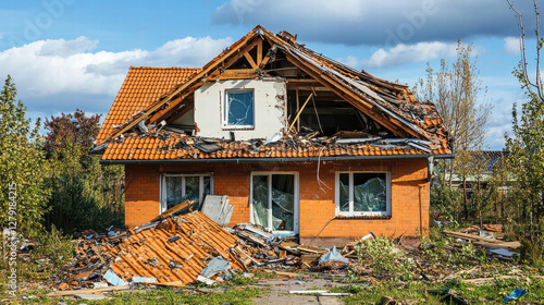 Property insurance coverage and damage assessment, damaged house with collapsed roof and debris scattered around, showing severe destruction