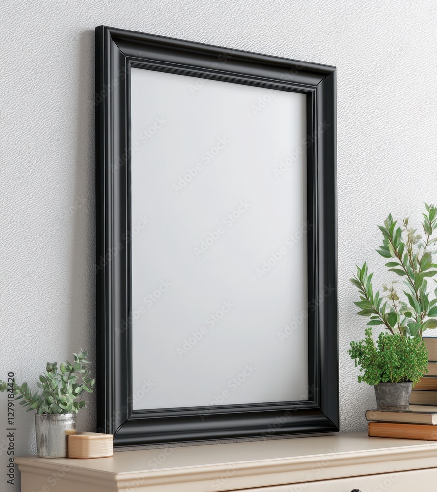 Elegant black frame standing vertically on a cream colored cabinet against a textured gray wall. The frame surrounds a blank white canvas, ideal for Elegant black frame standing vertically on a cream colored cabinet against a textured gray wall. The frame surrounds a blank white canvas, ideal for